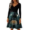 Women's Casual V-Neck Long Sleeve Dress with Halloween Print Retro