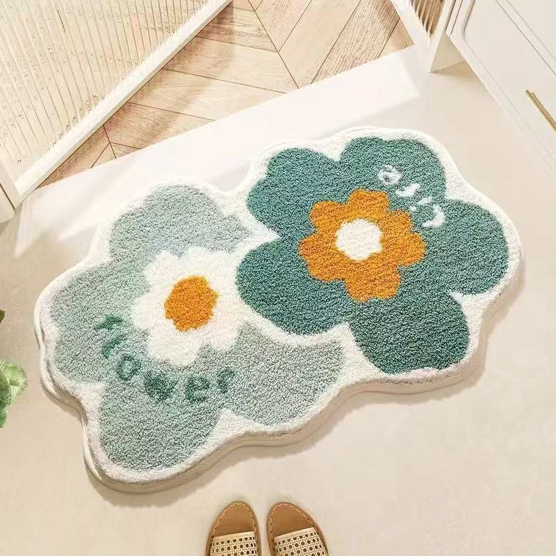 Cute Flower Bathroom Rug Machine Washable Bathroom Floor Mat Extra Soft Absorbent Non-Slip Bath Rug