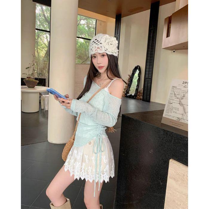 Damen Sommer 2025 Urlaubsstil Set: Spitzen-Camisole, Schulterfreier Kordelzug-Cardigan mit dünnen langen Ärmeln zum Sonnenschutz