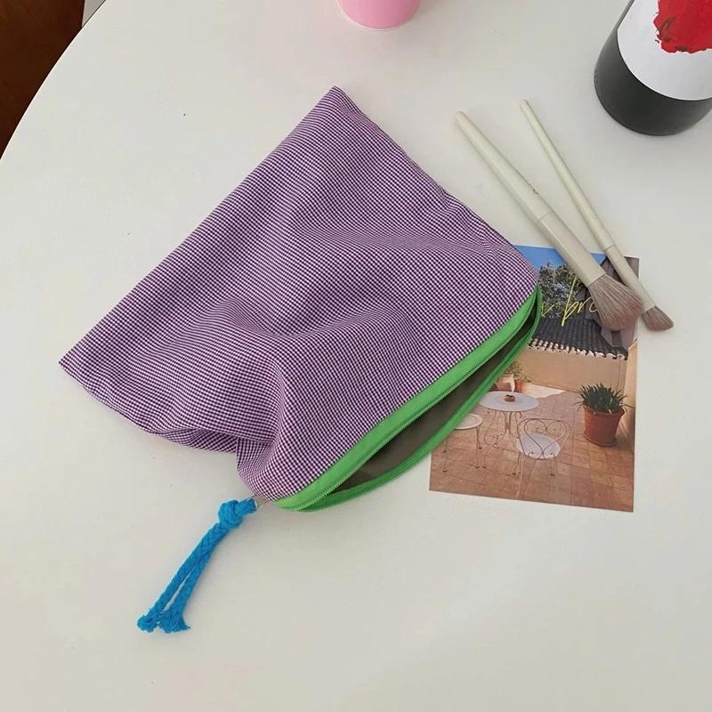 Korean Small Plaid Fabric Storage Bag Contrast Color Tassel Zipper Pouch Multi-use Cosmetic Organizer Coin Purse Mini Handbag