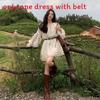 Spring Knit Long Sleeve Lantern Sleeve Short Dress With V Neck For Casual And Travel