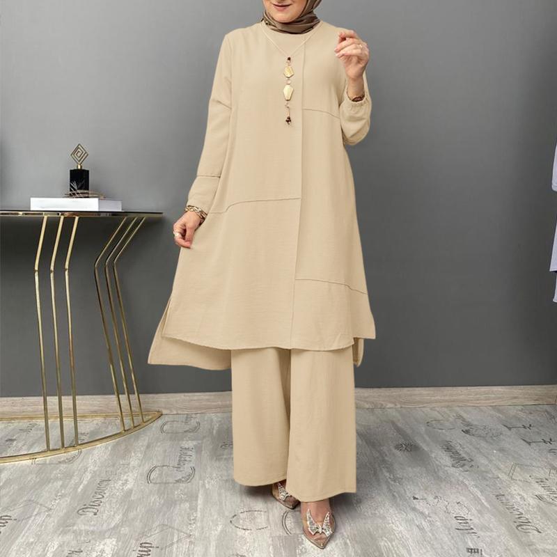 ZANZEA Women Muslim Long Blouse and Pants Casual Two Piece Suit Sets