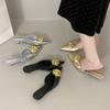 2025 Summer New Slippers Women Wear Low-heeled Sandals Metal Buckle Pointed Head Thin Heel Medium Heel Bag Head Half Slippers Women