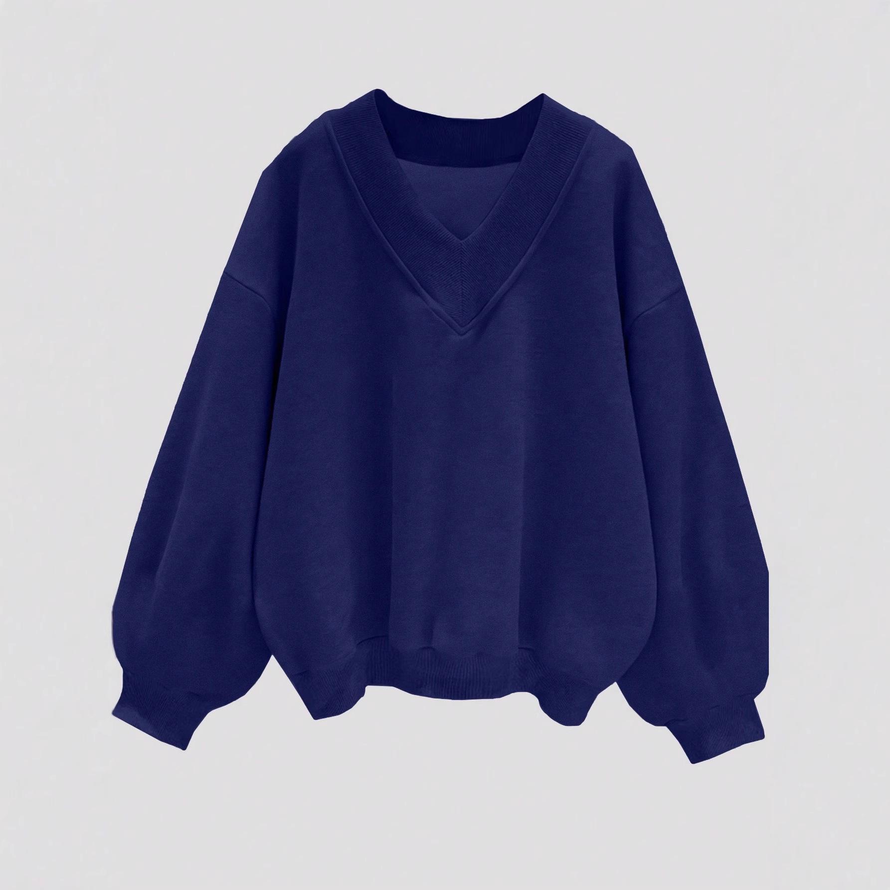 

Світшот у корейському стилі з V-подібним вирізом, сірий, з коротким рукавом, повсякденного вільного крою, зручний осінній топ. Extra Large темно-синього кольору