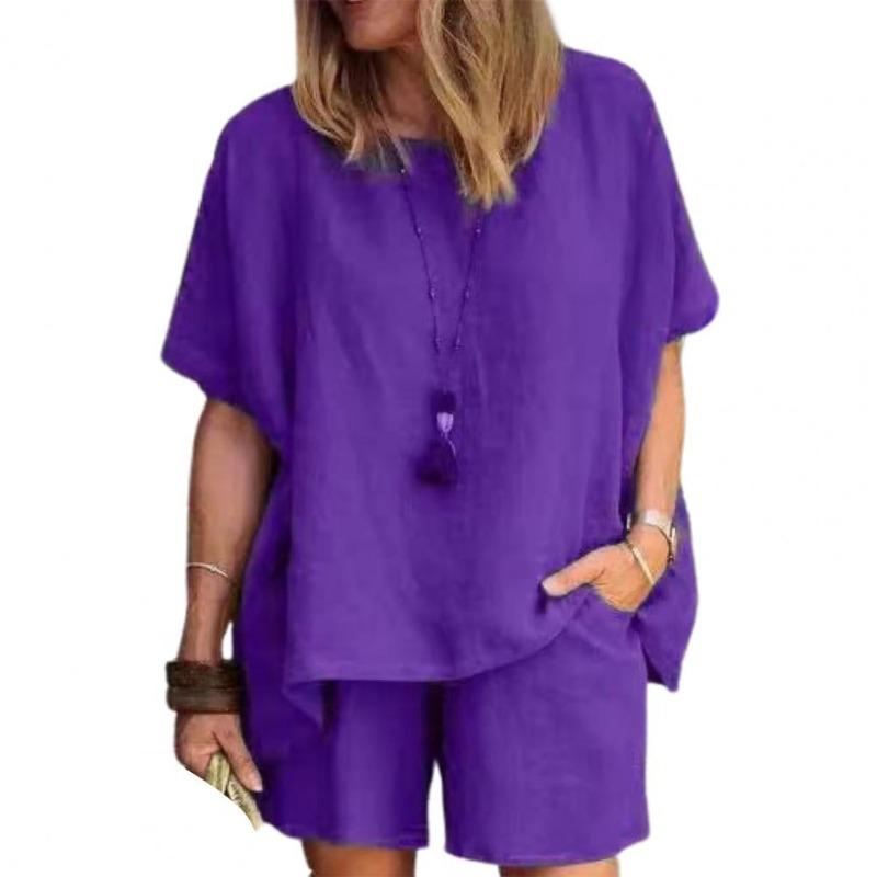 women's Solid Color Batwing Short Sleeve Loose Top High Waist Casual Shorts Summer Two Piece Outfit Set
