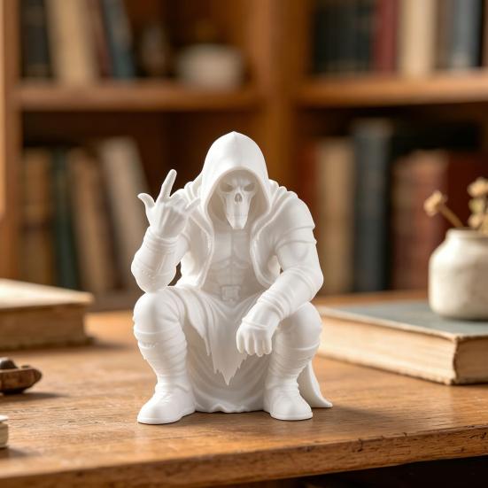 3D Printed Mini Hooded Skull Figurine, Dark Style Desktop Ornament, Cool Rock Gesture Skeleton Decor for Study Room E-Sports Room