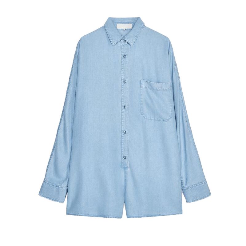 

Весенне-летняя новая женская одежда, плиссированный декоративный лацкан, длинные рукава, вертикальный джинсовый короткий комбинезон 6929183 Light Blue L