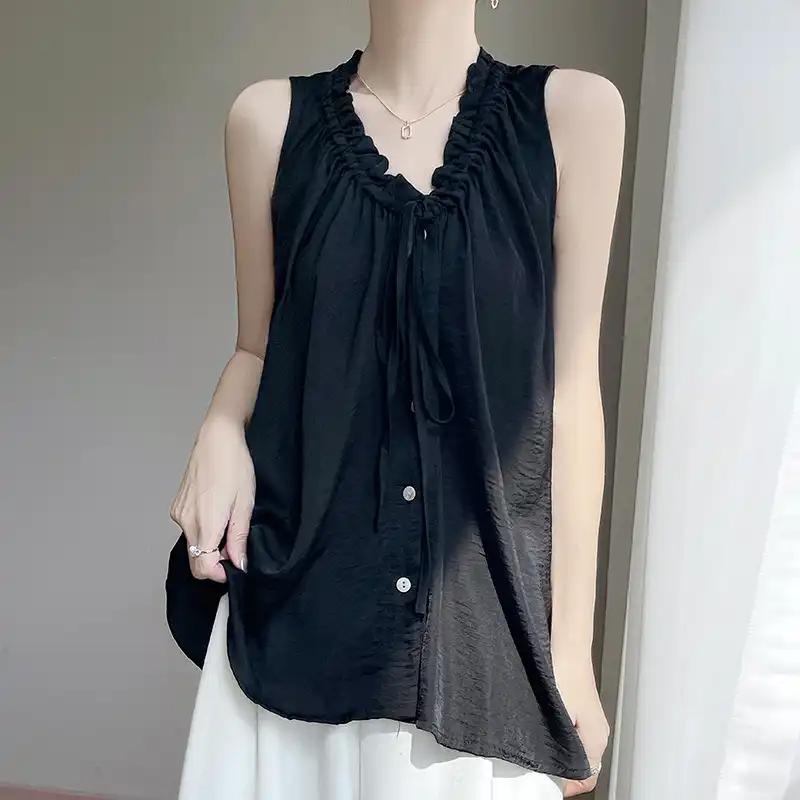 Summer New V-neck Drawstring All Match Korean Women's Top Elegant Sleep Loose Solid Color Comfortable Vest