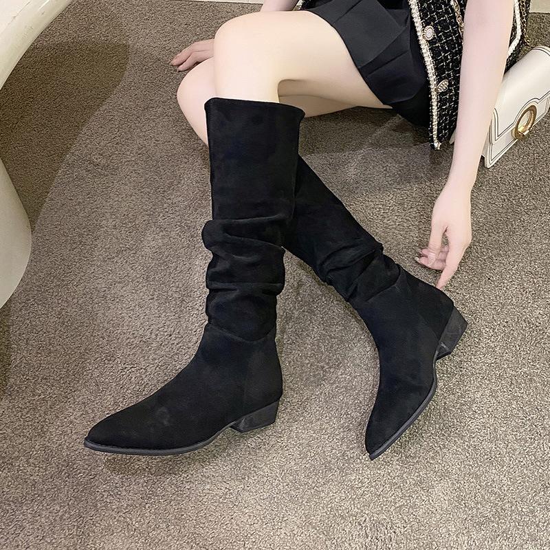

Fashion long boots women s fat mm thick legs big tube circumference flat bottom stacking boots suede pointed thin tall knight boots 35 чёрный