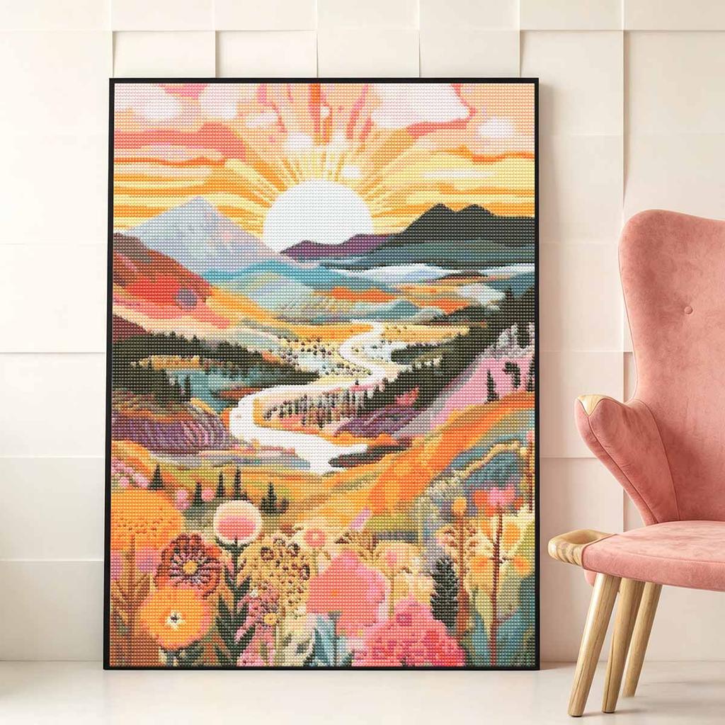 Sunrise Landscape Full Round Drill Diamond Painting Kit DIY Sparkle Art Canvas for Adults Relaxing Craft and Home Decoration Gift Idea Set