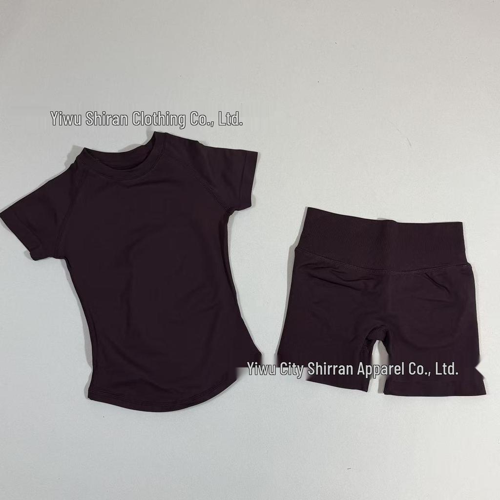 Damen nahtloses kurzärmeliges Sportset mit hoher Elastizität und atmungsaktivem schweißableitendem T-Shirt