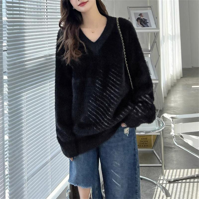Milk wear imitation mink fleece collar soft waxy knitted sweater top women's autumn and winter new gentle wind sweater women's outer wear