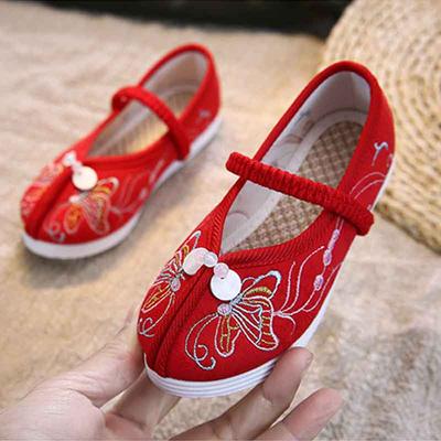 Girls Hanfu Shoes Chinese Traditional Ethnic Beijing Shoes Cotton Embroidered Flat Kids Dress Shoes Casual Footwear Sneakers