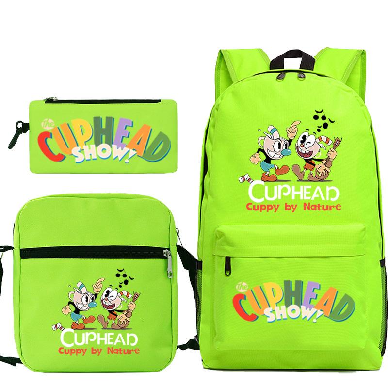 Cartoon Teacup Head Cuphead Student Backpack Oblique Span Bag Pencil Bag Primary And Secondary School Students Children'S Schoolbag Three-Piece Set