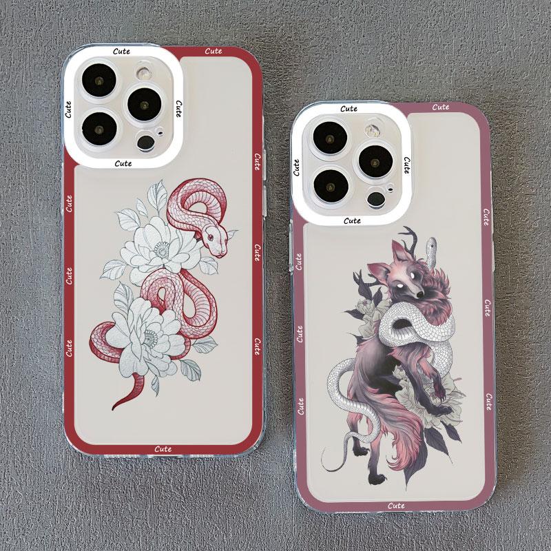 Rose Floral Snake Clear Phone Case For IPhone 11 14 Pro Max 13 12 Pro Max X XR XS SE2 14 8 7 Plus Transparent Back Cover Fundas