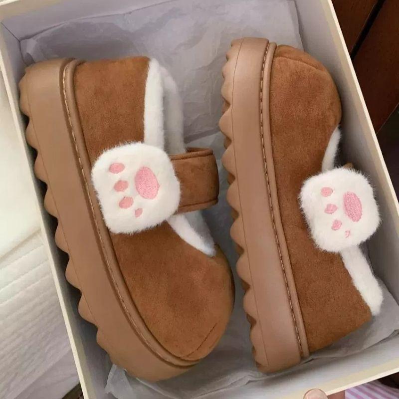 Cute Cat Paw Velcro Cotton Shoes Winter Home Velvet Platform Single Shoes Girl Heart Warm Round Head Beanie Shoes