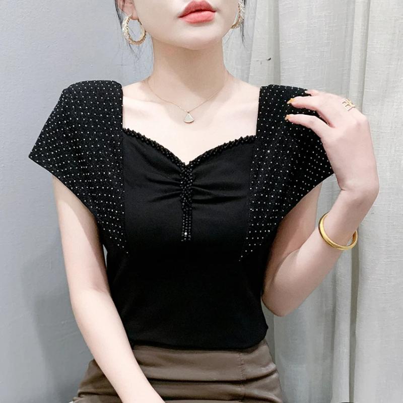 Summer Cotton Tops Streetwear Girl Sexy Square Neck Beading T-shirt Women's Shiny Diamonds Tees