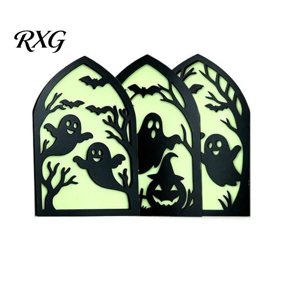 Ghost Witch Black Cat Decor Halloween Wooden Screen Ornaments, Glow in The Dark Gothic Arch No Assembly Ornaments Decor, Atmosphere Supplies for Home