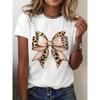 90S Vintage Graphic Print T-Shirt Featuring A Leopard Coquette Bow, Short Sleeve Crew Neck Casual Top