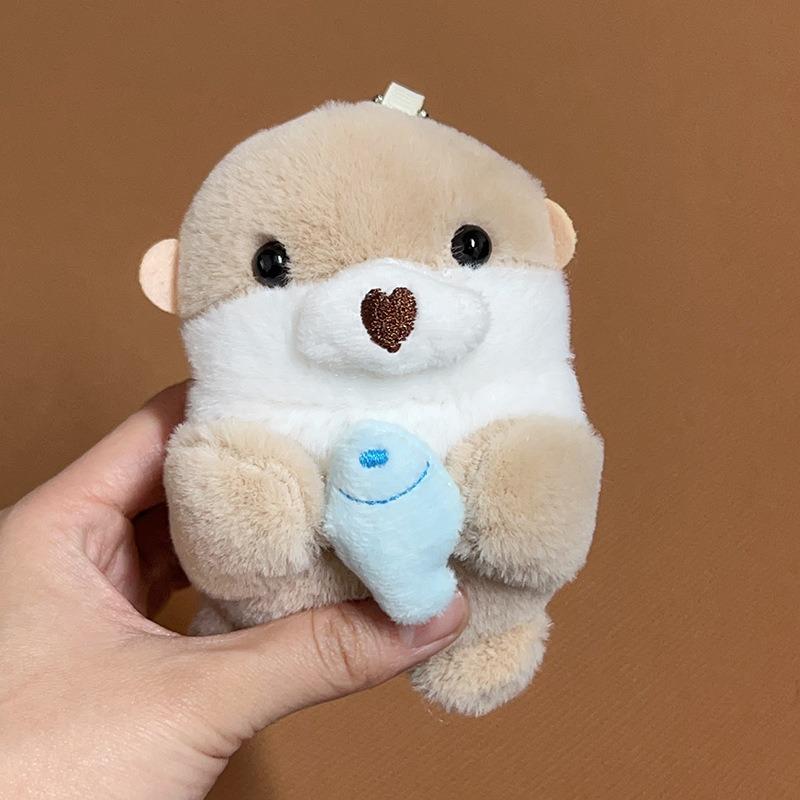 Cute Otters Holding Fish Plush Doll Keyrings Lightweight Hanging Pendant Props For School Bag Key Wallet Doll Toy Gifts 11cm