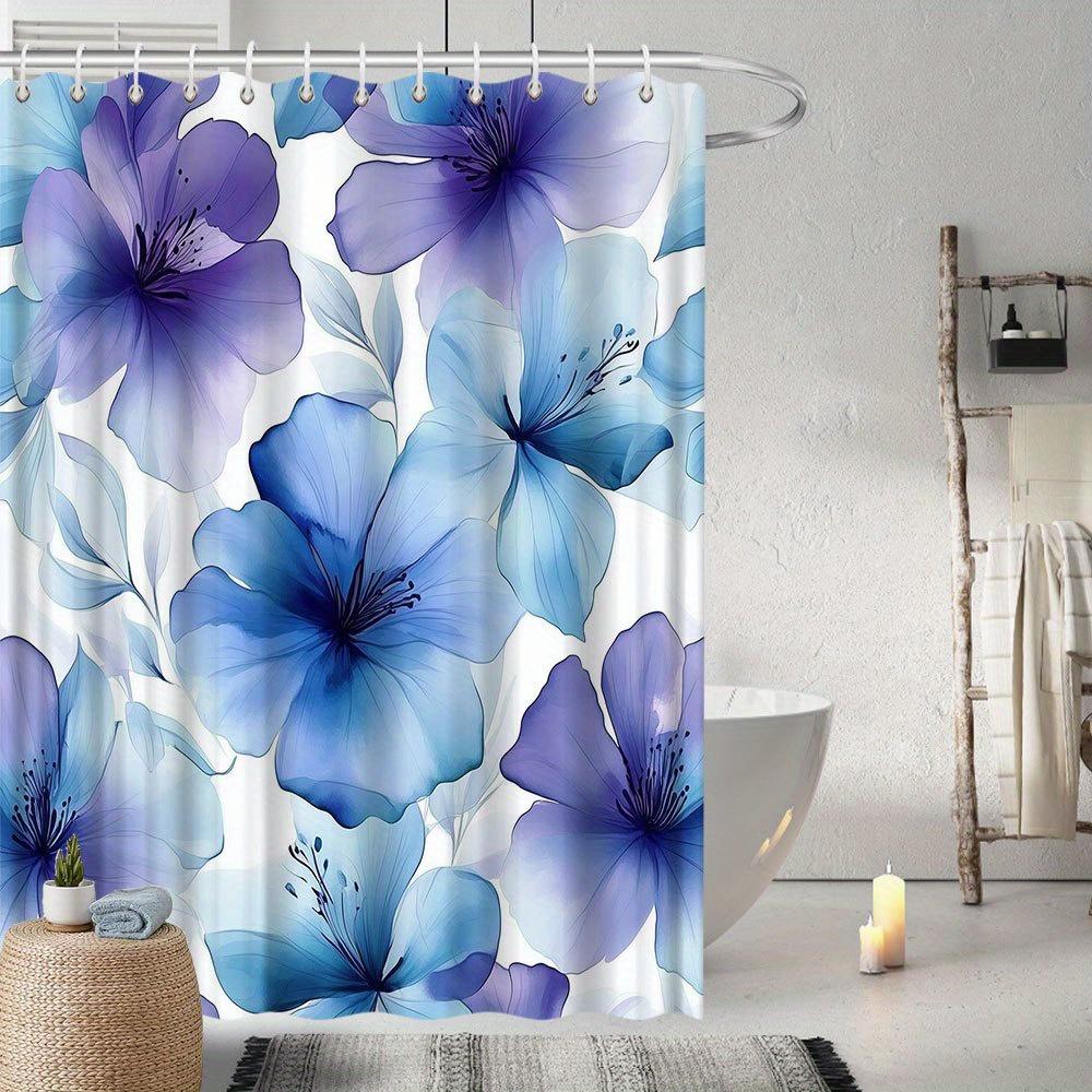 Watercolor Floral Shower Curtain – Purple & Blue Gradient Flowers, 70X70In, Fade-Resistant, Machine Washable, Includes Hooks