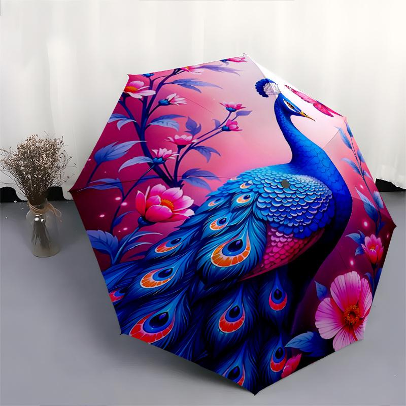 1 Stück lebhafter Pfau Cartoon Regenschirm, tragbarer kompakter Regenschirm, geeignet für Camping, Wandern und Reisen R006