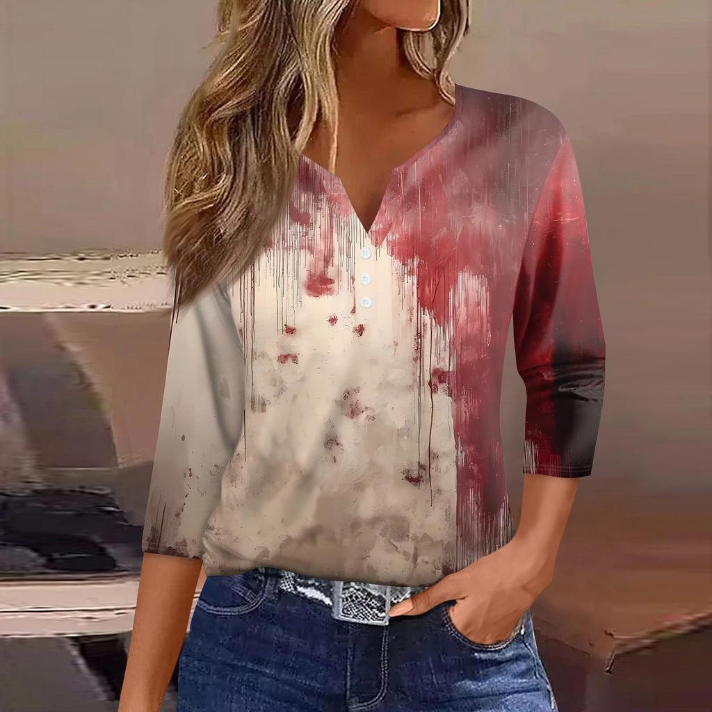 Damski T-shirt z nadrukiem Halloween, zapinany na guziki, rękaw 3/4, codzienny, weekendowy, modny, podstawowy, dekolt w serek, regularny top