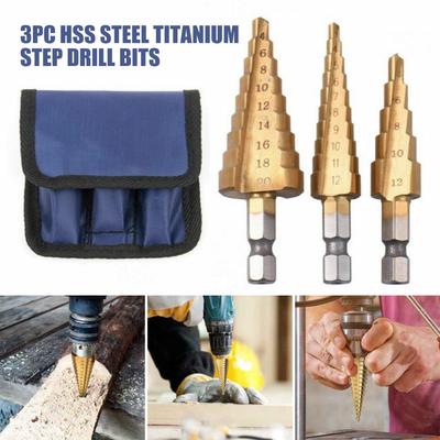 3pcs Step Drill Bit Set Titanium Cone Hole Cutter HSS High Speed Tool Pouch