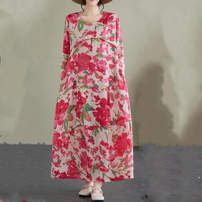Langarm Plus Größe Baumwolle Vintage Blumenmuster Neu in Kleidern für Damen lässig locker Frühling Herbst Kleid