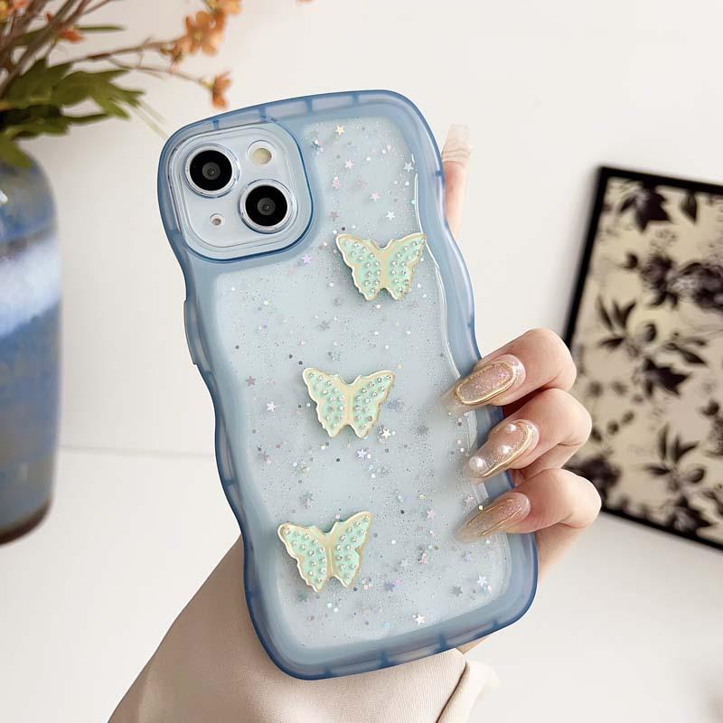 Applicable To Apple 17 Mobile Phone Case, Epoxy Glitter 16 Wavy Butterfly iPhone15 Anti-drop 14 Transparent Protective Case