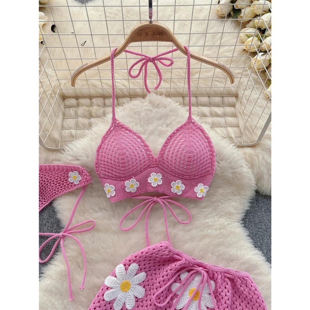 Korean Hollow Out Knitted Suits Women Halter Lace Up Bow Backless Tank Top+Drawstring Split Mini Skirt Two Pieces Sets