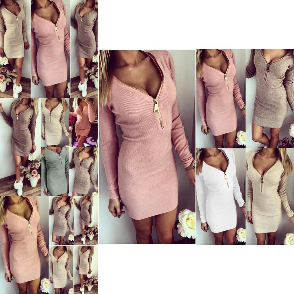 Elegant Women Zip Up V Neck Long Sleeve Knitted Bodycon Party Evening Mini Dress Tops For All Occasions