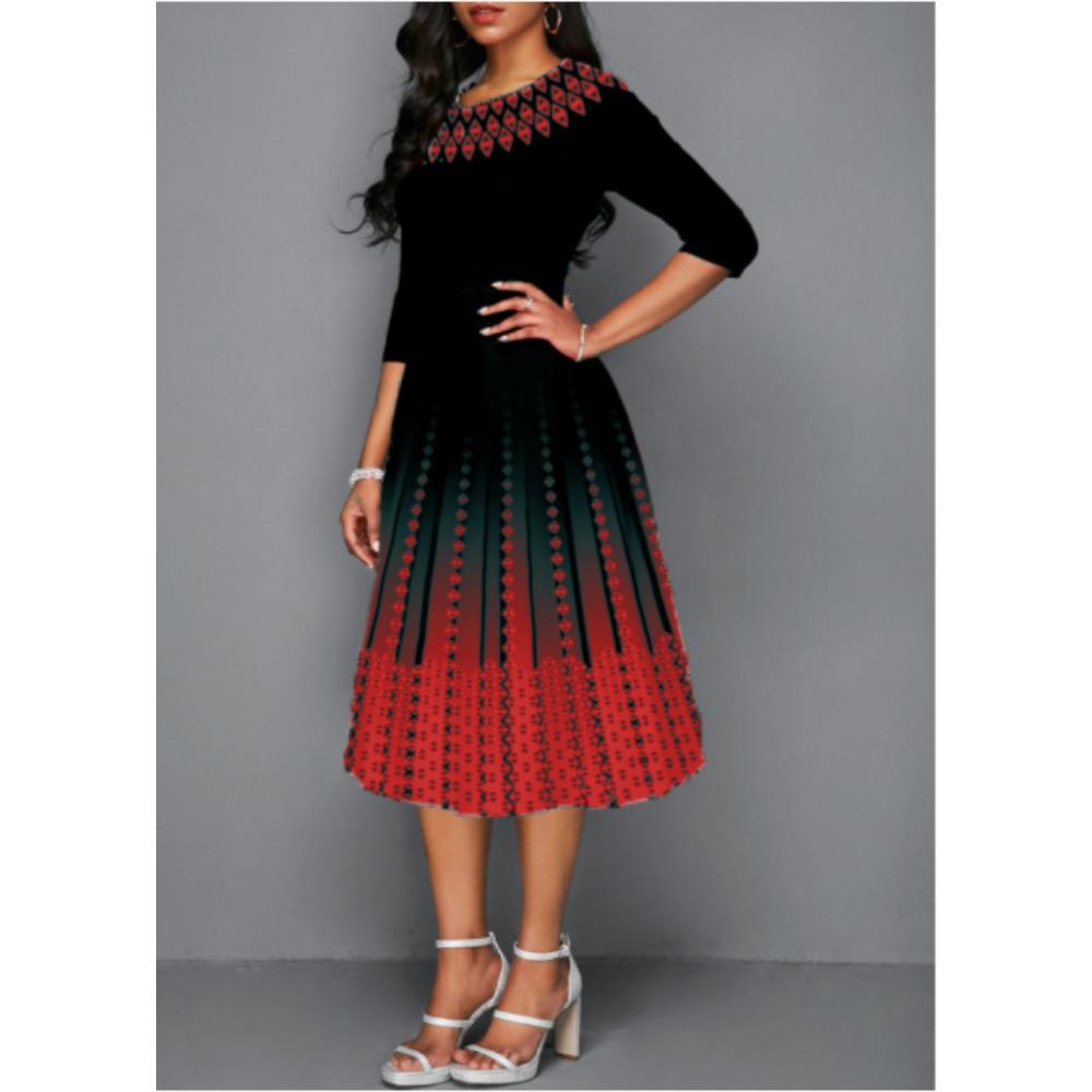 Women's Gradient Fashion Printed Temperament Mid Sleeve Waist Cinched Dress