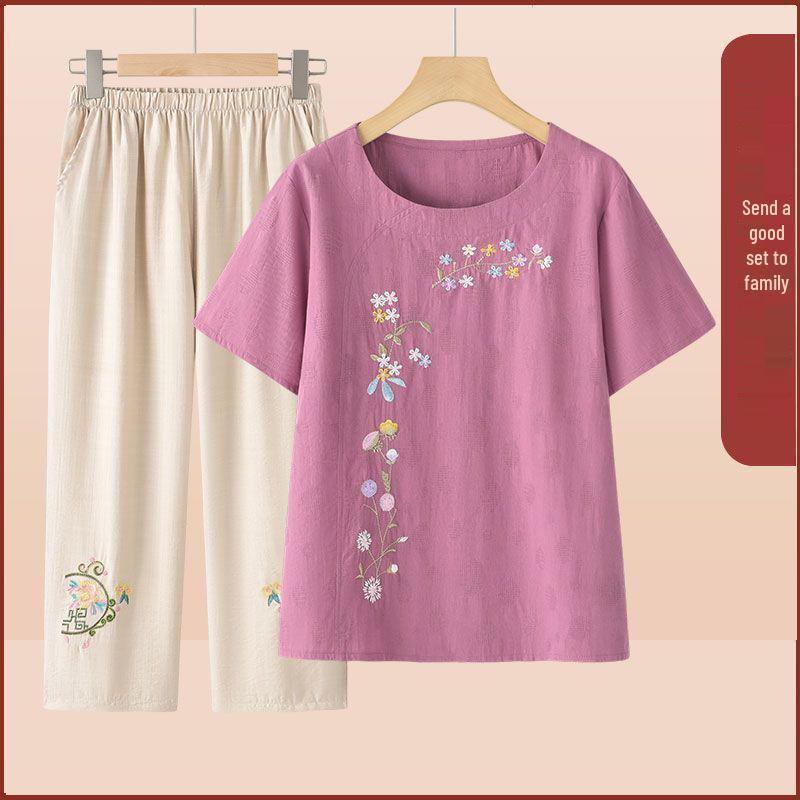 Summer Embroidered Two-Piece Home Set for Mature Women - Thin Cotton & Linen