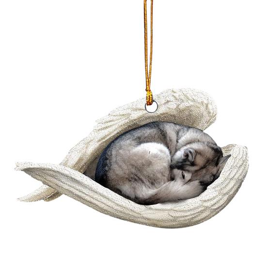 Dog Sleeping In Angel Wings Ornament 2D Flat Car Rear View Mirror Hanging Charm Pet Memorial Keepsake for Christmas Tree Car Interior Accessories