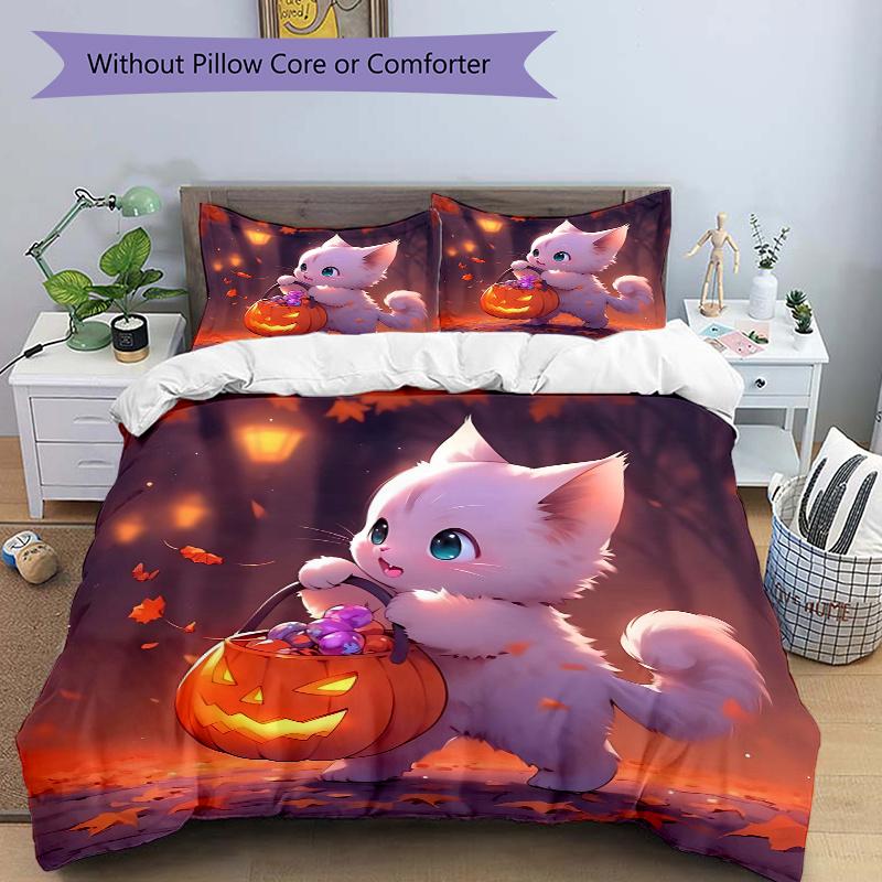 

3pcs White Cat Holding Pumpkin Lantern Quilt Cover Set - Soft & Comfortable Polyester Fabric, All-Season Breathable Comforter Set For 1 Quilt Cov 135x200cm