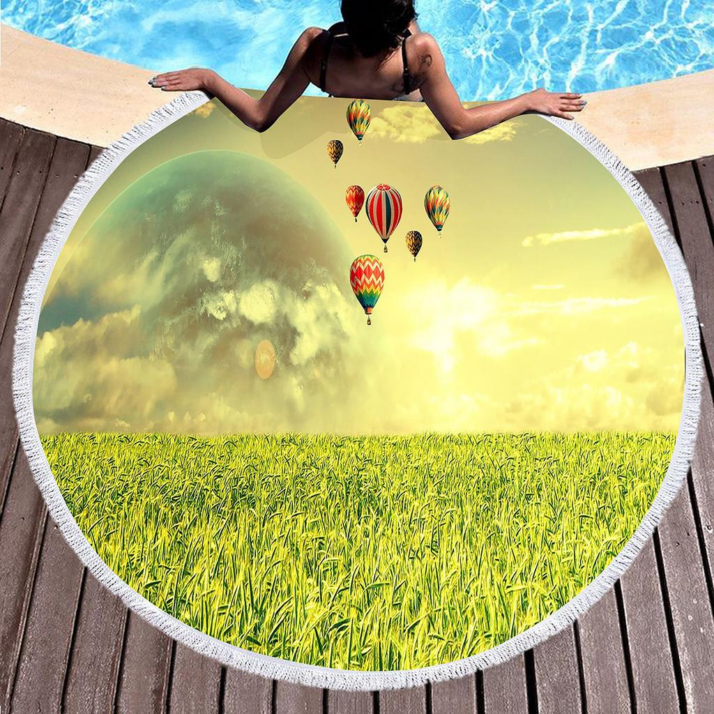 Romantic Round Beach Blanket,Hot Air Balloon Print Beach Towel,Anti-Sand Absorbent Quick-drying Pool Towel,Portable Picnic Mat