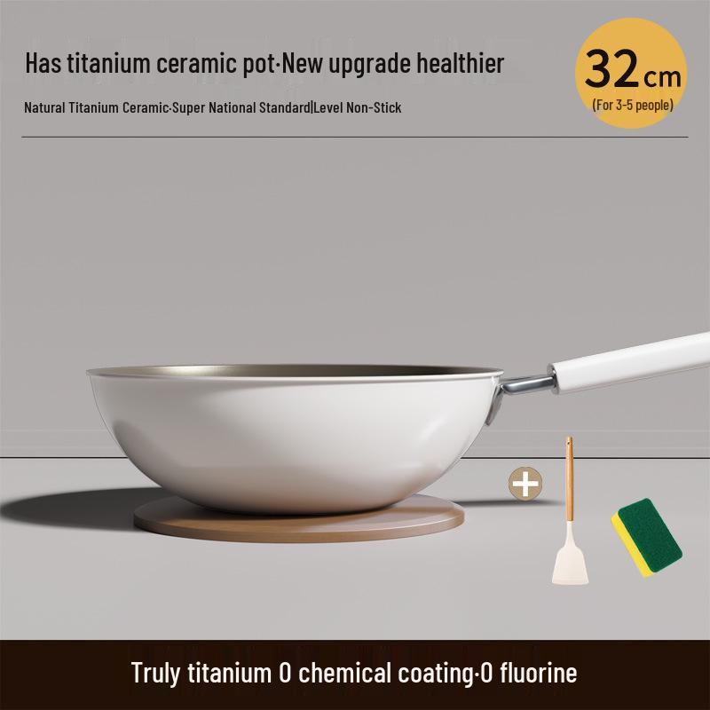 Titanium Ceramic Flat-Bottomed Non-Stick Stir-Fry Pan, Milk White, Wear-Resistant and Scratch-Resistant for Kitchen Use