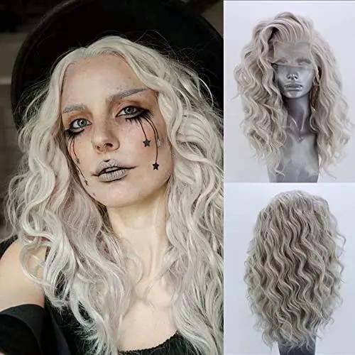 Peruci AIMEYA Sintetice cu Dantelă pe Margine Perucă Argintie Scurtă Ondulată pentru Femei Culoare Maro Roz Albastru Perucă Sintetică cu Dantelă Perucă Scurtă cu Dantelă Cosplay