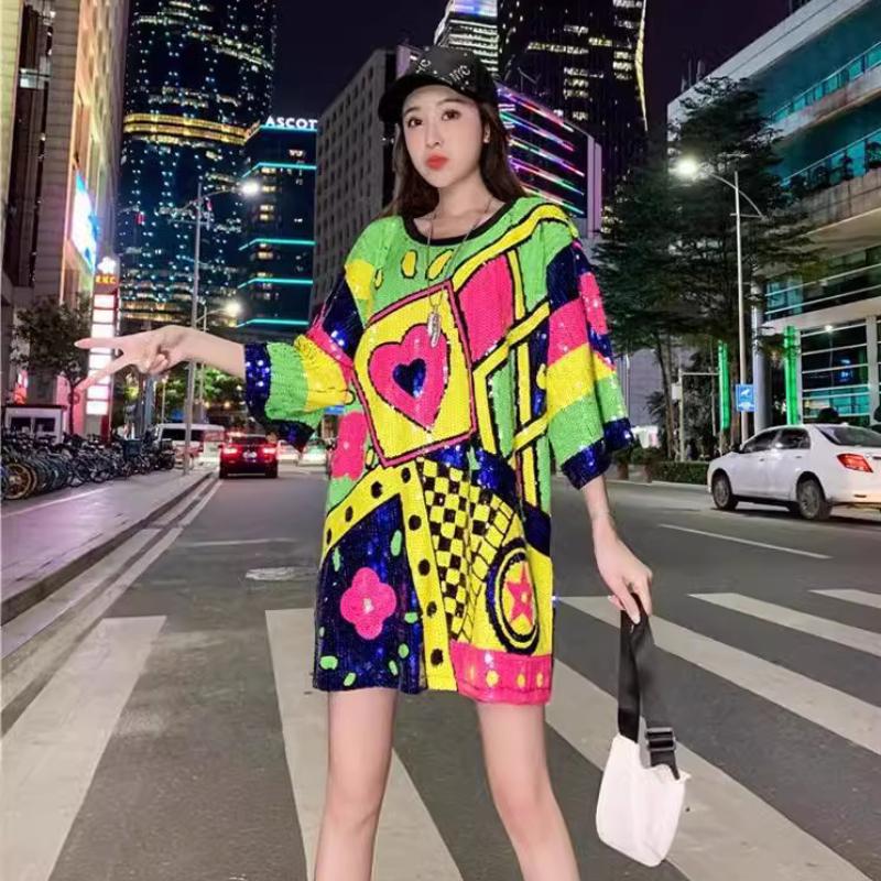 Γυναικείο Καλοκαιρινό Μονόχρωμο Μπλουζάκι Μόδας με Παγιέτες και Μανίκια, Μπλουζάκι με Μανίκια και Παγιέτες