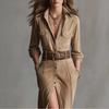 French Retro Solid Suede A-Line Party Dress Woman Lapel Single Breasted Shirt Dress Fall Long Sleeve Pocket Slit Elegant Dresses