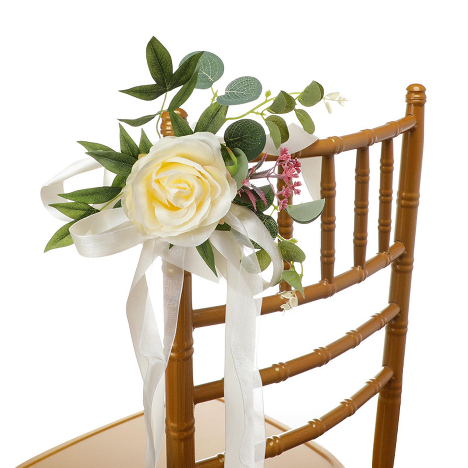 

10pcs Artificial Chair Back Flower Party Decor With Artificial Flowers Leaves Ribbons For Wedding Aisle Decorations yellow#0