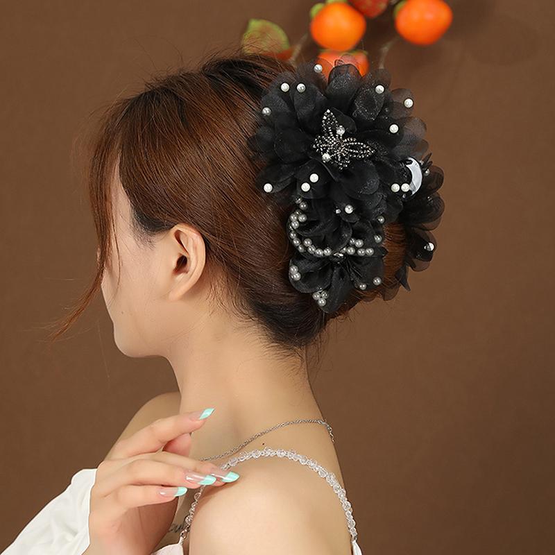 Women Mesh Flower Pearl Butterfly Crab Hair Clip Shark Hair Claw Ladies Girls Temperament Fashion Black Headwear
