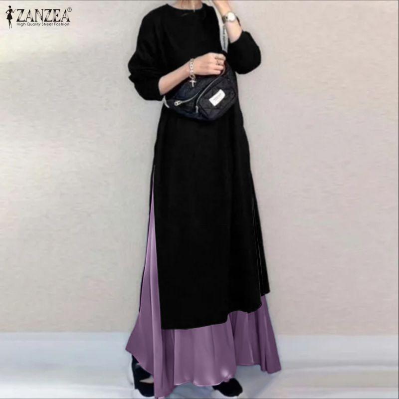 ZANZEA Women Casual Round Neck Long Sleeve Patchwork Long Dress