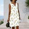 Women Plus Size Sleeveless Notch V Neck White Base Red Tulip Floral Printed Casual Dress