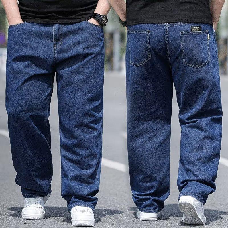 Fashionable Men's Plus Size Jeans - Relaxed Straight-Leg Wide-Leg Elasticated Waist Plain Trousers