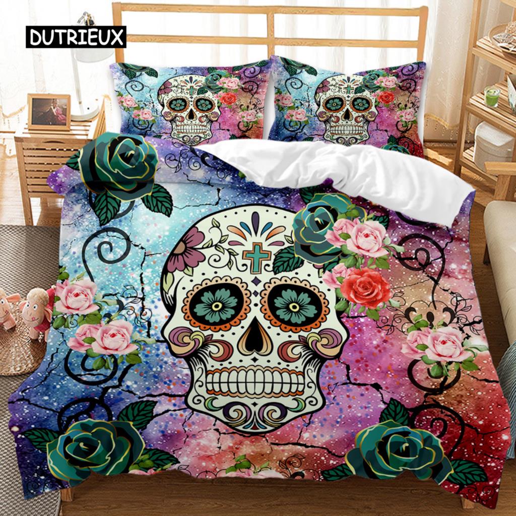 Skull Duvet Cover Set Rose Floral Twin Bedding Set Printed Valentine's Day Halloween Skull Gothic Skeleton Polyester Qulit Cover