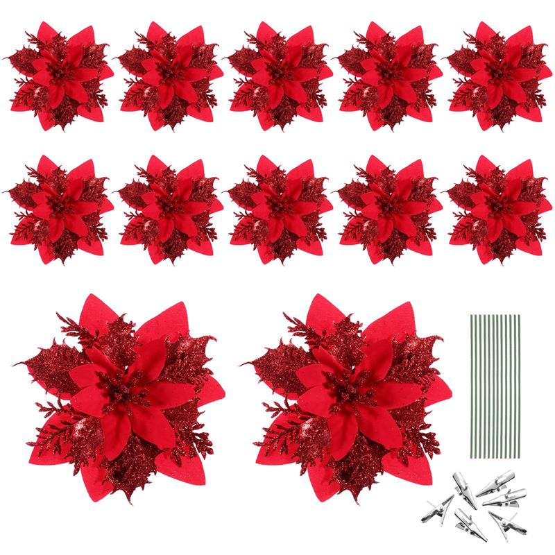 12pcs Christmas Glitter Outdoor Christmas Tree Christmas Festive Flowers Christmas Tree Flower Festive 2026 Xmas Decoration красный
