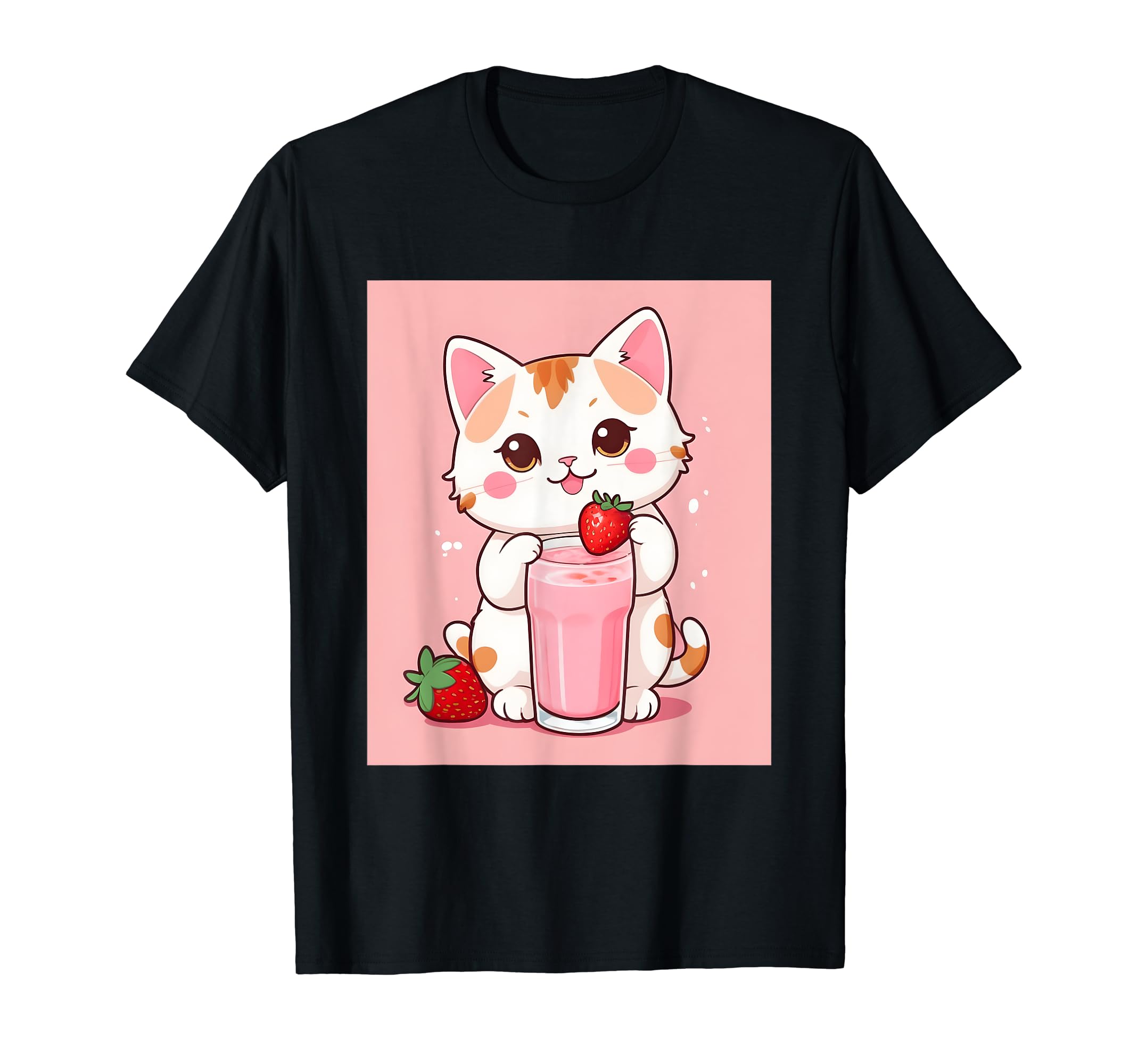 

strawberry things printed Kawaii, cat, milk, cute, Japanese, T-shirt чорний