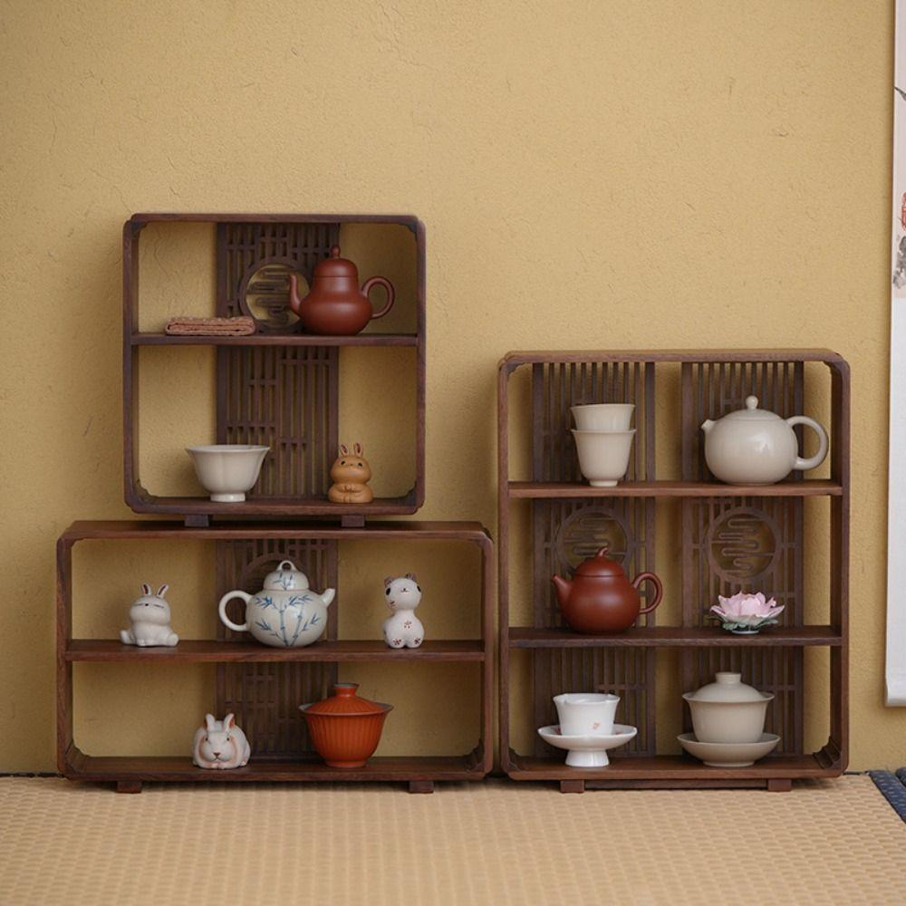 Window Lattice Chinese Walnut Display Shelf Walnut Wood Tea Organizer Living Room
